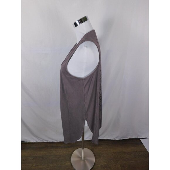 Cato Vest Womens Medium Taupe Open Front Sleeveless Laser Cut Back Faux Suede - Picture 3 of 12